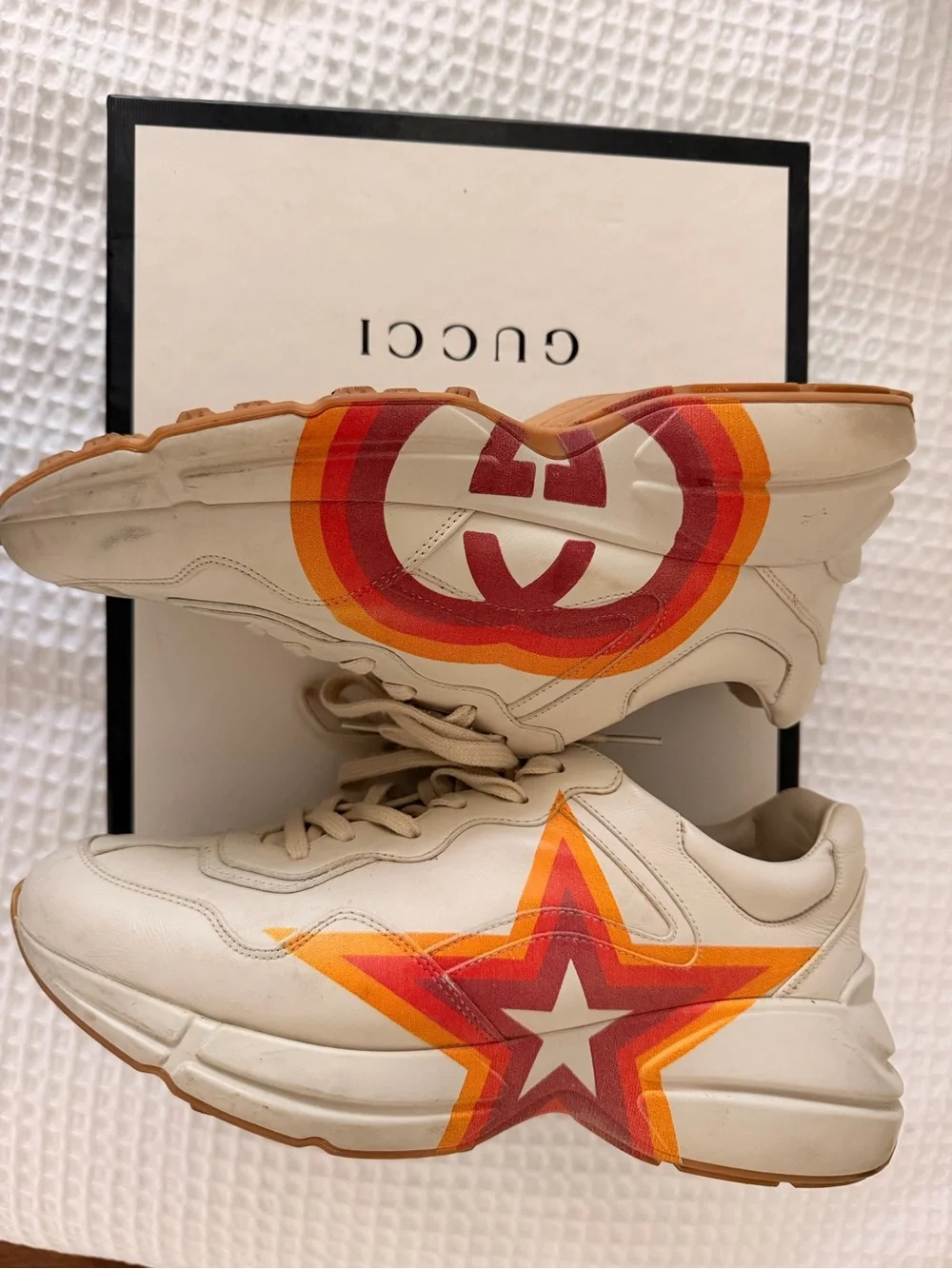 Gucci Cream Leather Sneakers with Red and Orange Logo Detail